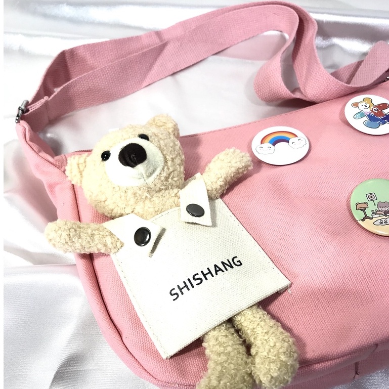 Tas Selempang Sling Messenger Bag Wanita Bahan Kanvas Boneka Bear Beruang dan Bros Lucu Janice