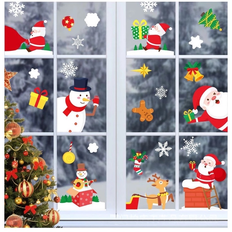 Cartoon Santa Claus Snowman Christmas Window Sticker / Merry Christmas Glass Decor For Home New Year Party / Xmas House Decorations