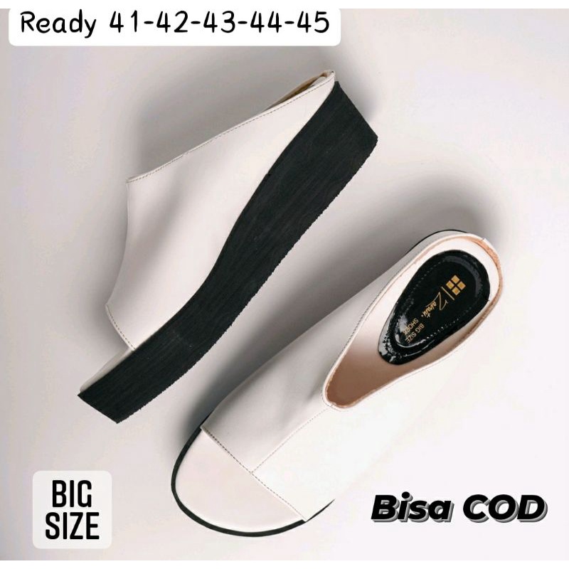 COD / Wedges Wanita Big Size Ukuran Luar Negri 41-45 White Sandal Kulit JUMBO Putih Empuk, 45