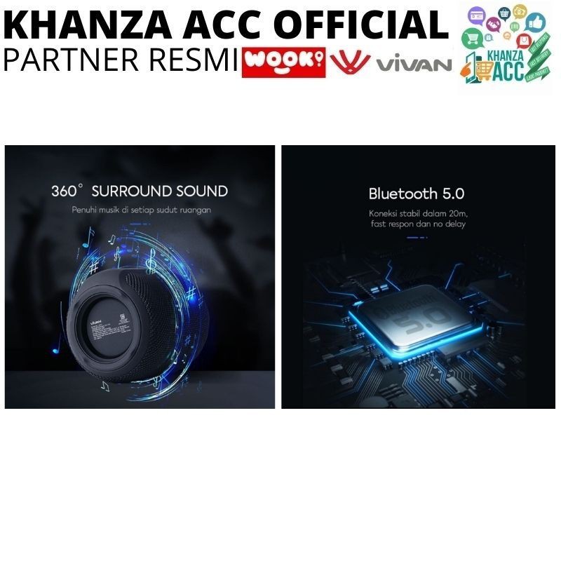 KHANZAACC Vivan VS12 Bluetooth Speaker Surround Sound 360° Waterproof IPX6 Hi-Fi TWS Micro SD AUX