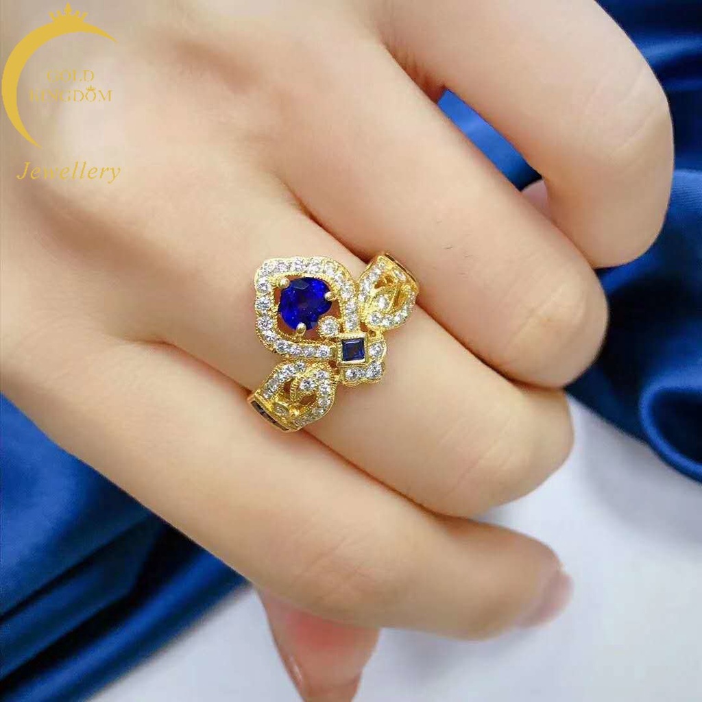 Goldkingdom Fashion Perhiasan Emas Asli Kadar 375 Bangkok Aksesoris Ready Stock Bertatahkan Safir Berlapis Emas Mahkota Cincin Pertunangan Adjustable Ring Wanita