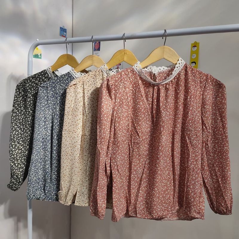 【BISA COD】Chiffon Lace Floral Blouse wanita Lengan Panjang summer atasan blus import cewek-3