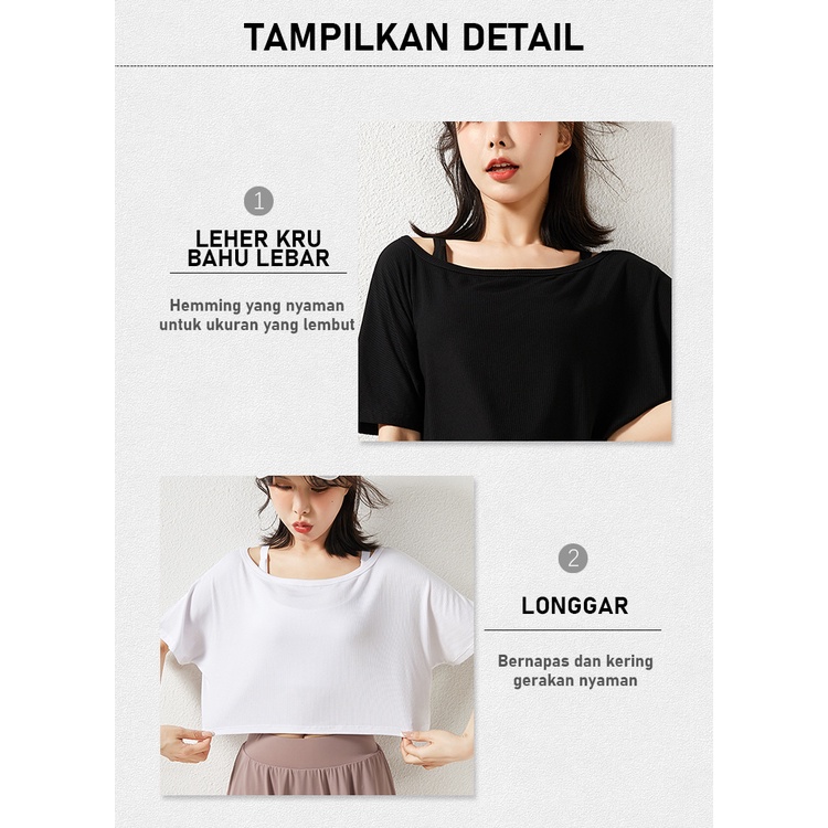 [Spot] Kaos Olahraga Pendek Wanita Crop Tee Gym Dance Cropped Pusar Nyaman Sweatshirt Lengan Pendek Longgar Pakaian Yoga-7