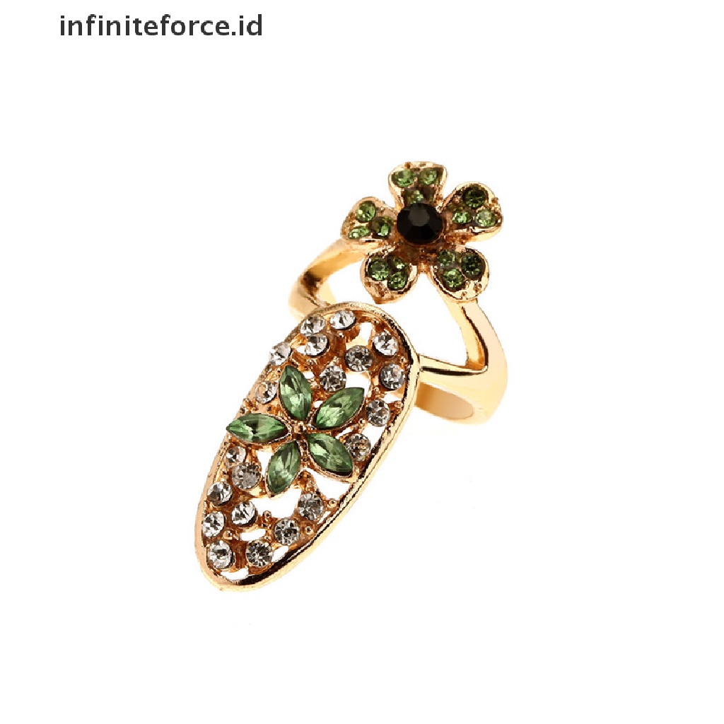 Infiniteforce.id Cincin Kuku Motif Mahkota + Bunga Aksen Kristal Untuk Perhiasan Wanita