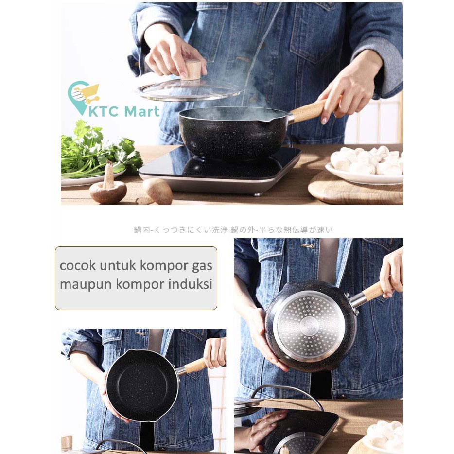 KTCmart - Pan Soup Marble Anti lengket + Tutup Kaca Premium/ Panci Susu Serbaguna/ Panci masak