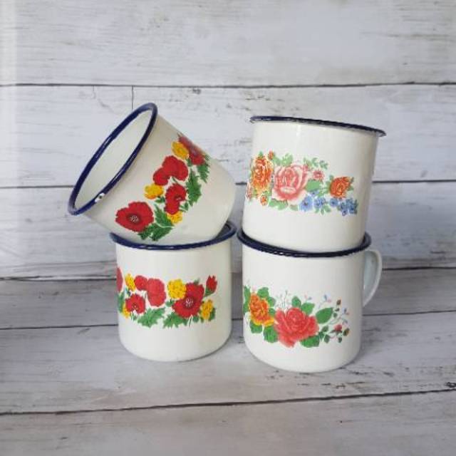 Gelas Kaleng Bunga Jadul / Cangkir Kembang 7 Cm / Enamel Gelas Seng