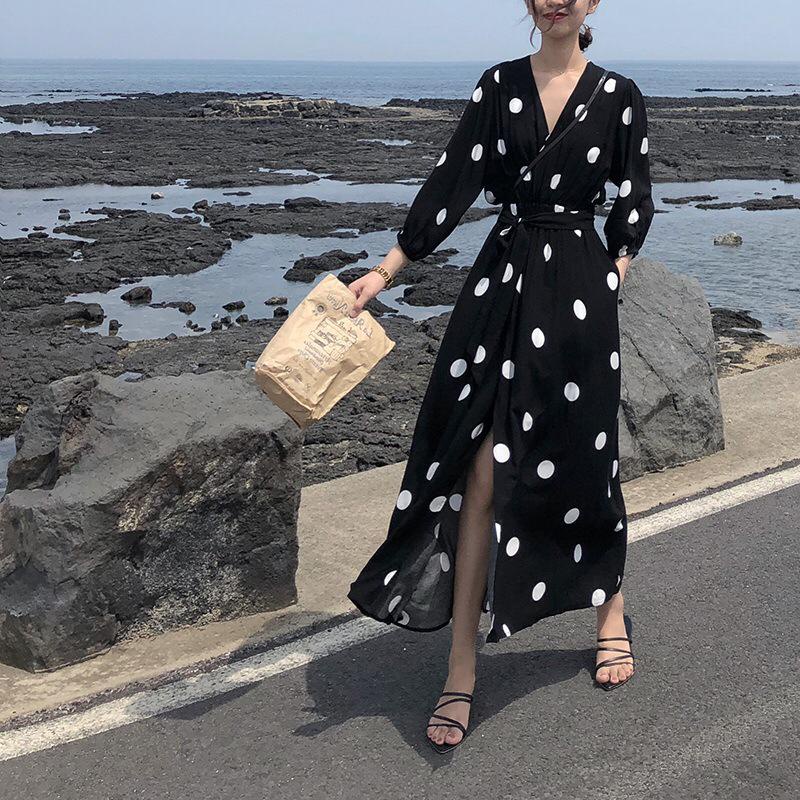 TASHAPPY BS008 Wrap Dress Maxi Black Polkadot Wanita Cantik Kekinian model korea supplier baju import