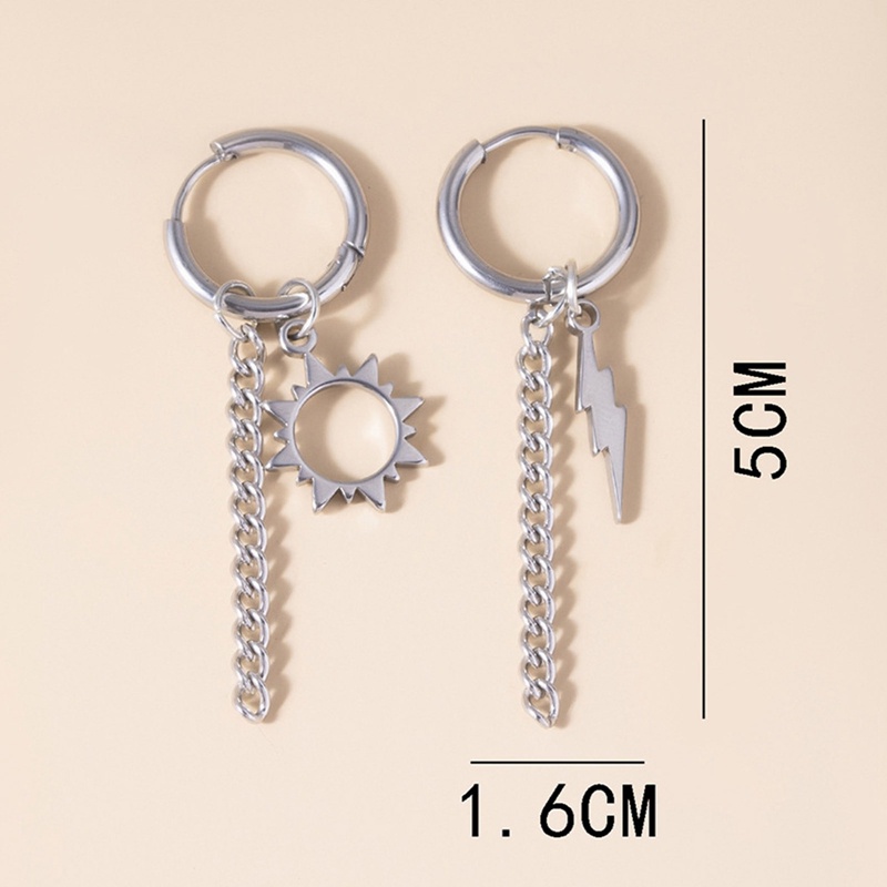 Anting Sterling Silver 925 Bentuk Matahari Petir Asimetris Gaya Punk Minimalis Untuk Wanita