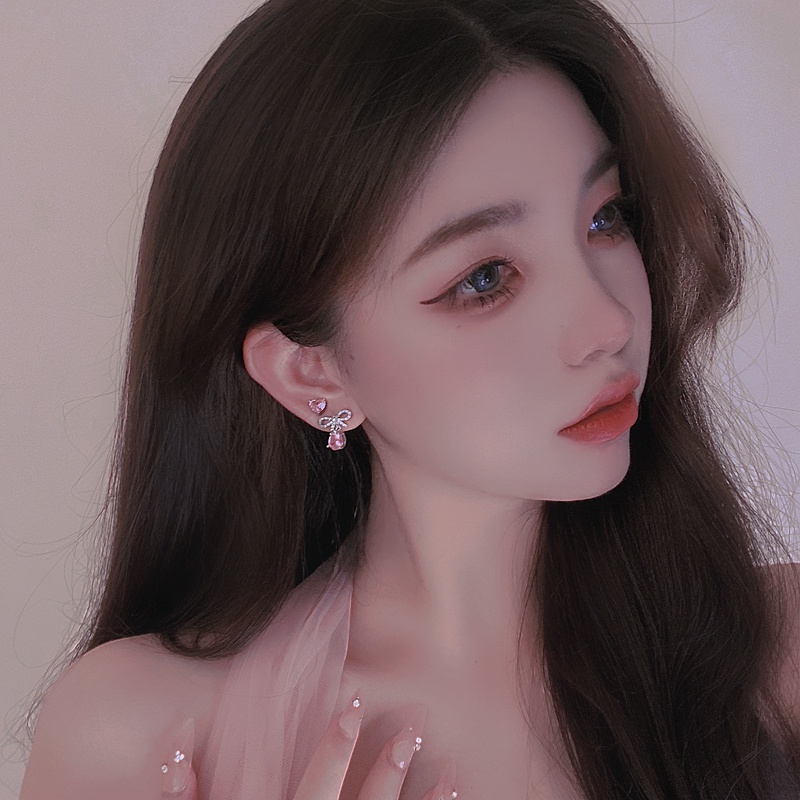 Dua Pasang Anting Tusuk love bow Permata pink Untuk Wanita Aksesoris Telinga Korea