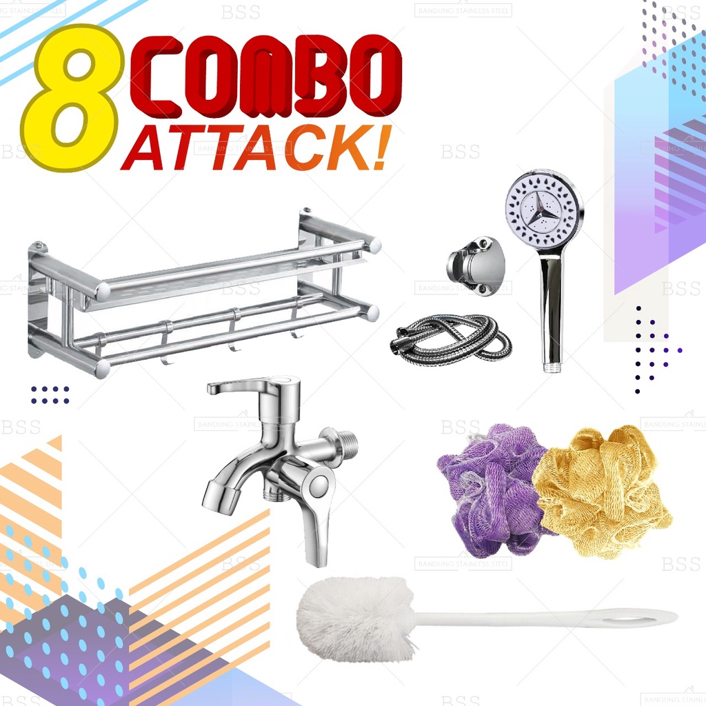 Promo Combo Attack 8in1 Rak kamar mandI Set hand shower sikat toilet  spoons mandi kran double