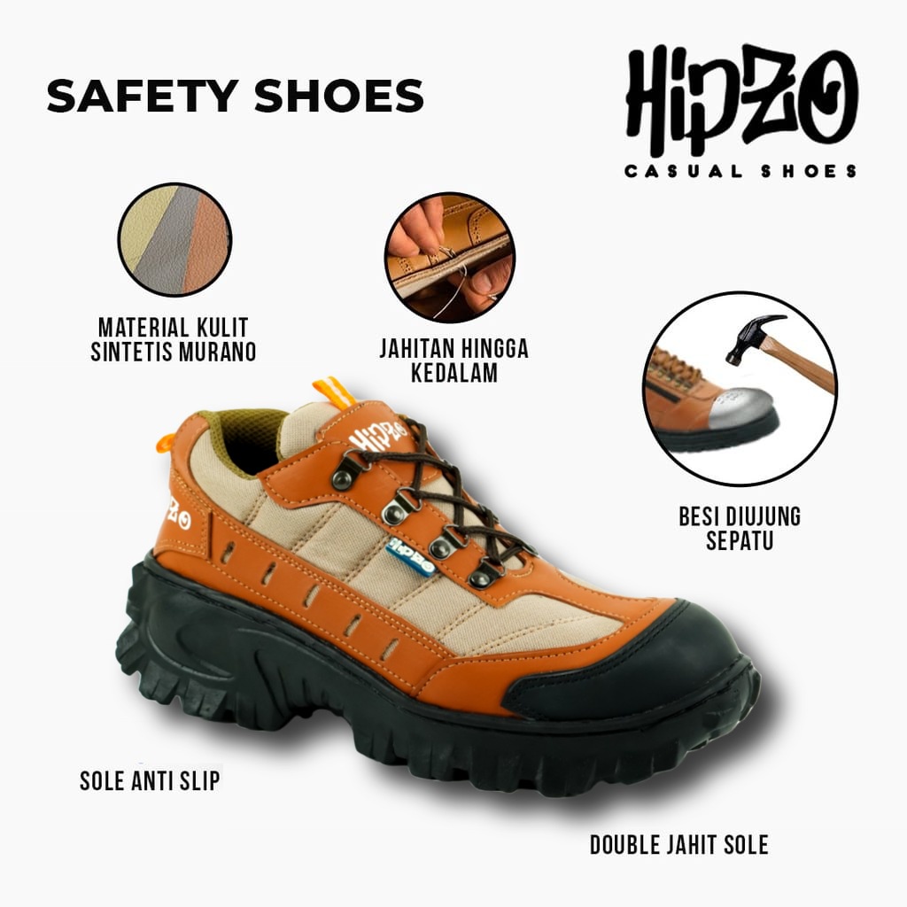 Sepatu Safety Pria Premium Ujung Besi Hipzo M 052 Original 100% Anti Air Safety Sefty Shoes Boots  P