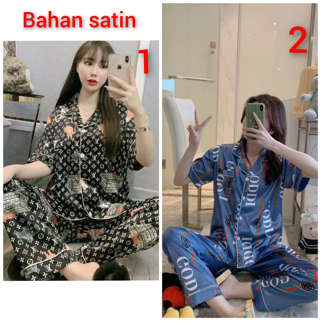 BAJU TIDUR PIYAMA GADIS SATIN SILK IMPORT BERKUALITAS MOTIF KRA KANCING LENGAN PENDEK SETELAN CELANA PANJANG TERBARU WARNA CANTIK SIZE M-XXL FIT TO 70KG