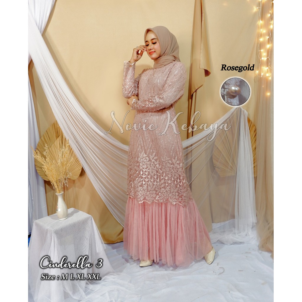 Gamis Muslim Tulle Cinderella Motif Bordir Cantik Rosegold