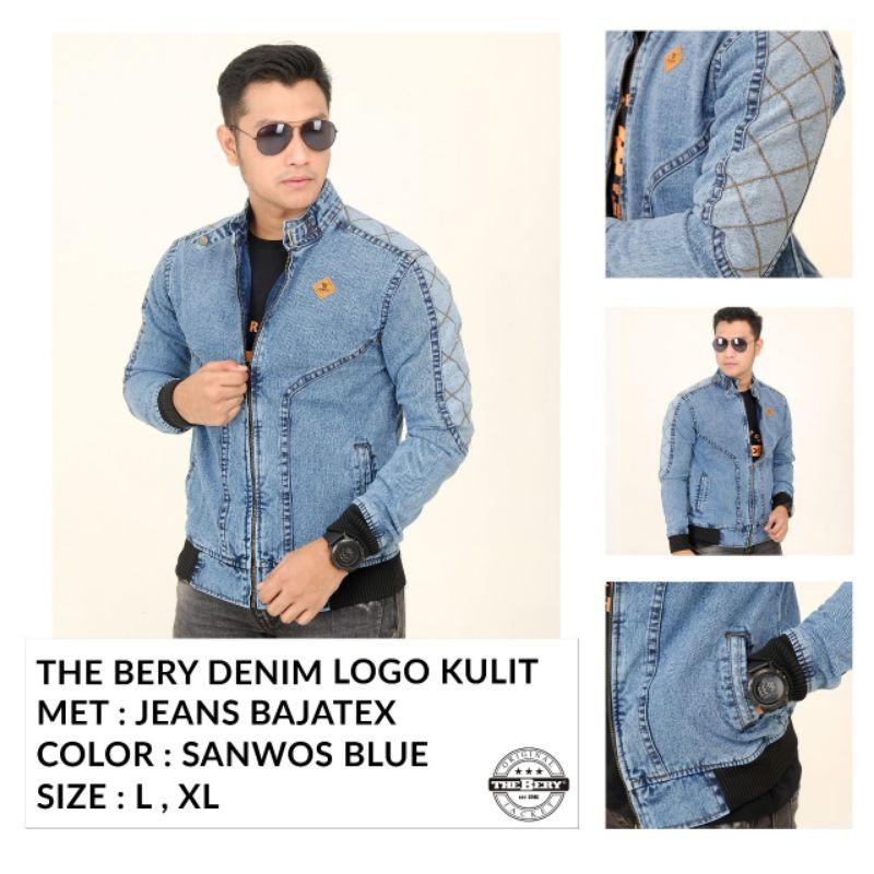 JAKET JEANS PRIA THE BERY KERAH LOGO KULIT MURAH