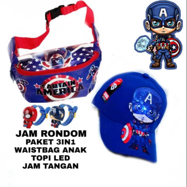 Paket Hemat 3in1 Tas Waistbag Batman Dinir+ Topi Bordir + Jam Tangan Pencet