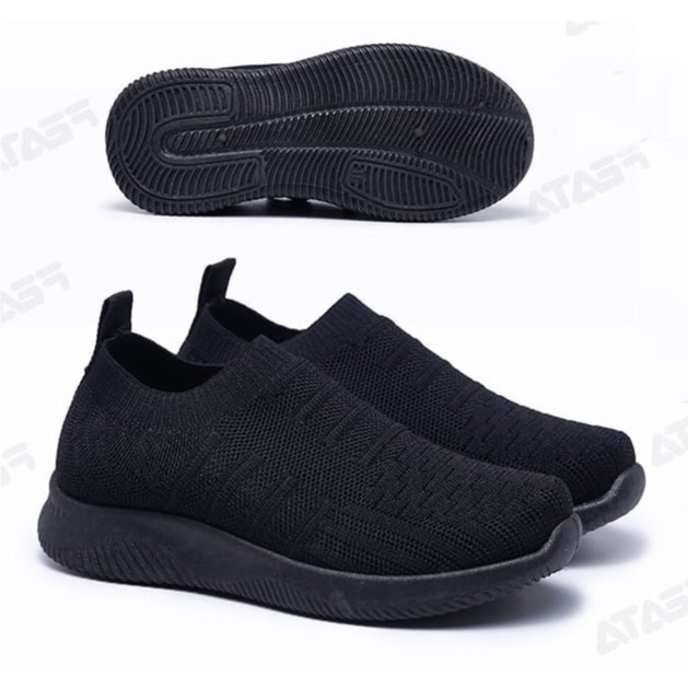 COD Sepatu Sekolah Anak Ukuran 29-40 Full Hitam / Sneakers Hitam Tanpa Tali - A61-H