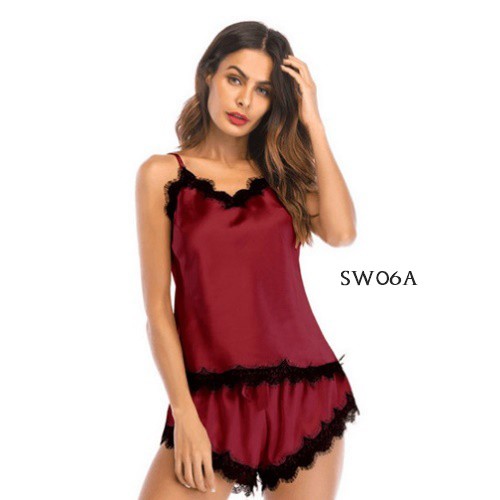 [TOKO TERPERCAYA] SETELAN PIYAMA WANITA BAJU TIDUR SEXY NIGHTGOWN SATIN MAROON SW06A