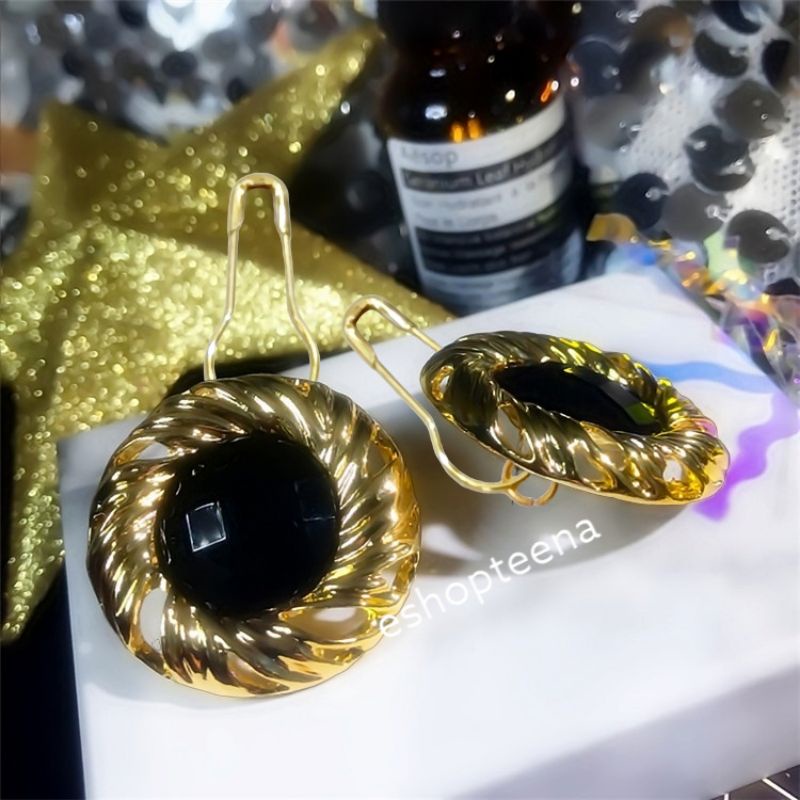 A165 anting hijab bulat mata besar hitam gold_anting jilbab