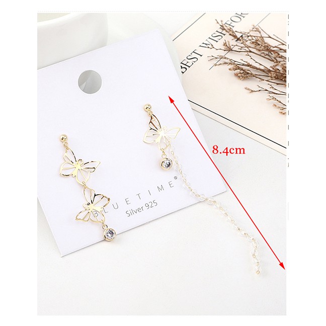 LRC Anting Tusuk Fashion Gold Plated Gold Asymmetrical Small Butterfly S925 Silver Needle Earrings Y62992