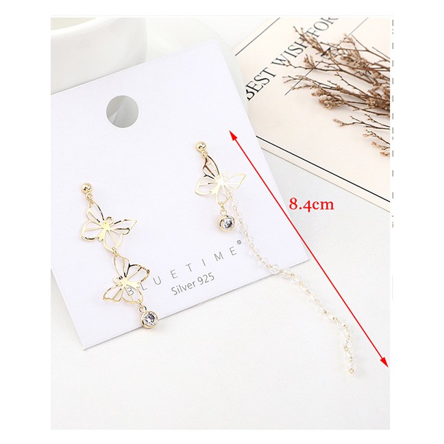 LRC Anting Tusuk Fashion Gold Plated Gold Asymmetrical Small Butterfly S925 Silver Needle Earrings