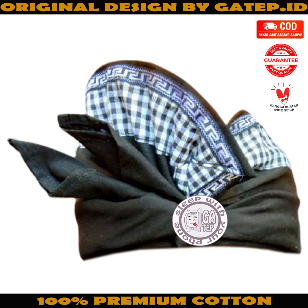 Udeng Bali Hitam Polos Tepi Poleng Catur Setengah Jadi / Ikat Kepala Bali / Topi Bali / Blangkon
