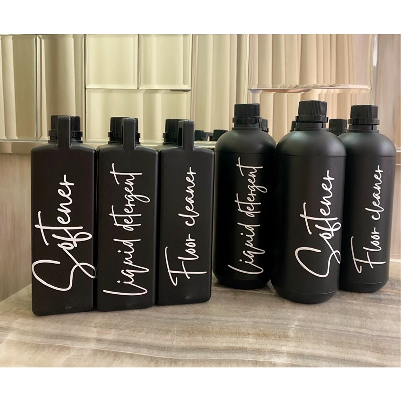 Botol 1L HITAM stiker Putih font gold new. aesthetic bottle minimalist refill organizer tempat sabun cair laundry room detergent estetik