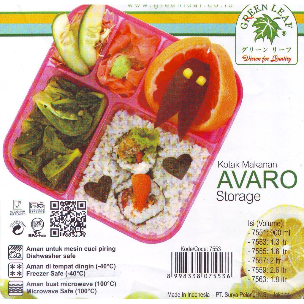 Green Leaf Avaro 7553 Kotak Makan Bekal Lunch Box Sekat 5 Greenleaf