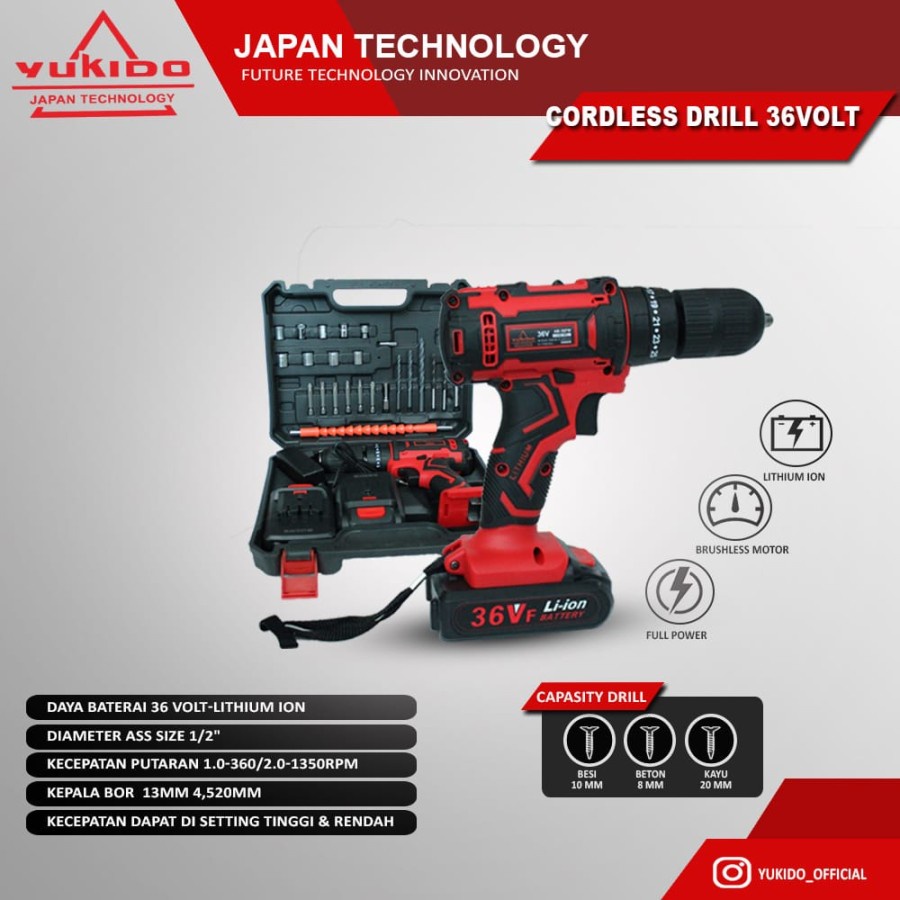 bor baterai 13mm JLD 36V 12V-SET Bor Obeng Bor Baterai 12 Volt Cordless Drill J12S/YUKIDO AB12S BOR EDON 12V