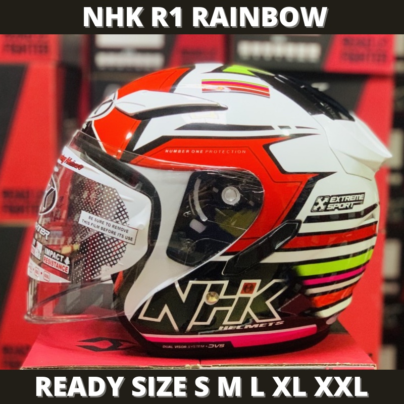 Helm NHK R1 Rainbow White Red Double Visor Half Face - Helem Motor SNI DOT Touring Dewasa Pria Wanit