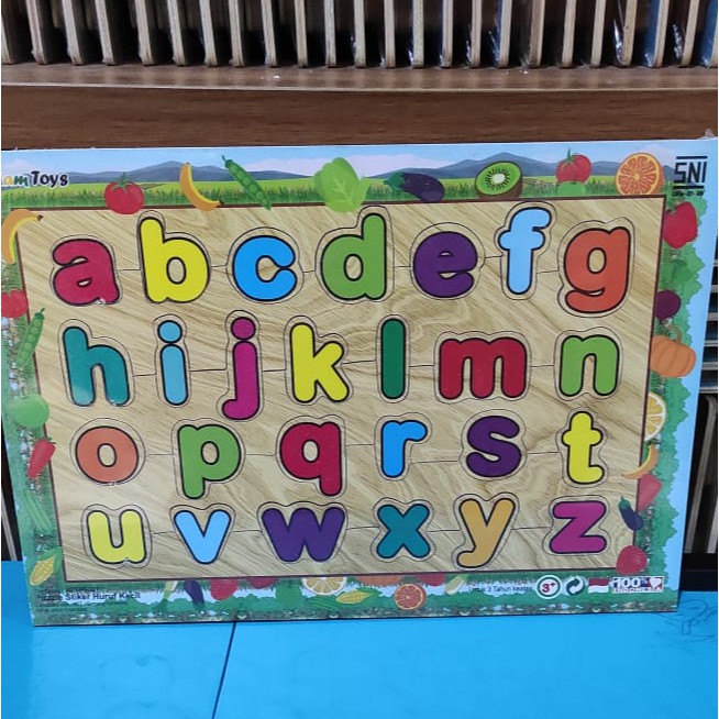 puzzle kayu lapisan sticker huruf besar, kecil, hijjaiyah mainan edukasi anak SNI