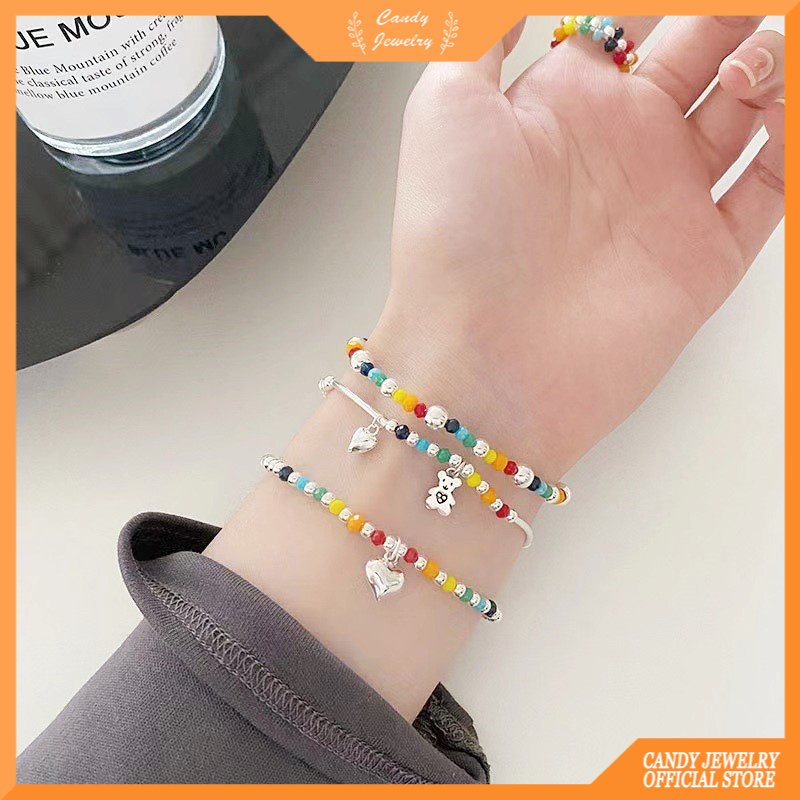 Gelang Kristal Bahan Logam Motif Beruang Smiley Face Gaya Korea Untuk Wanita