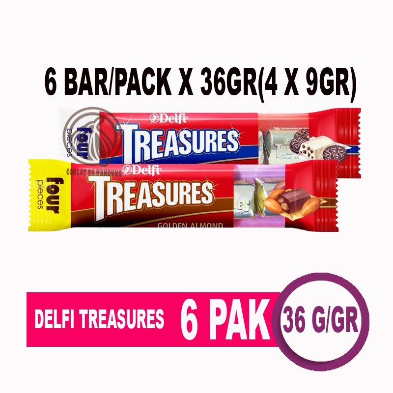 

COKLAT TREASURE DELFI 6 PAK X 36GR, DELFI TREASURE 216 GR GOLDEN ALMOND, COKLAT DELFI TREASURES