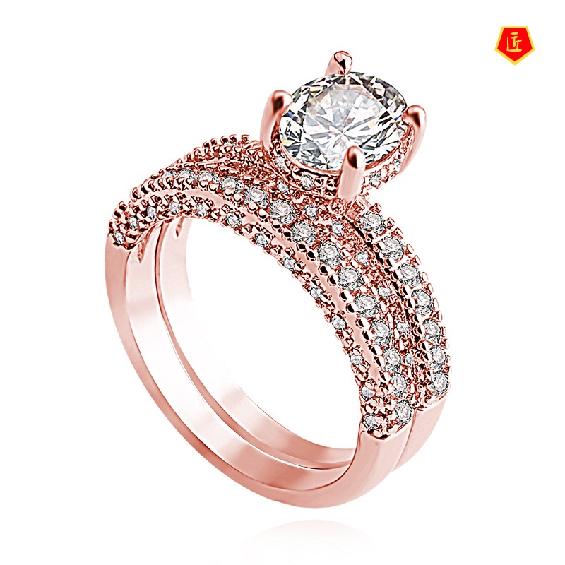 [Ready Stock]Personality Elegant Rose Gold Full Diamond Ring Set