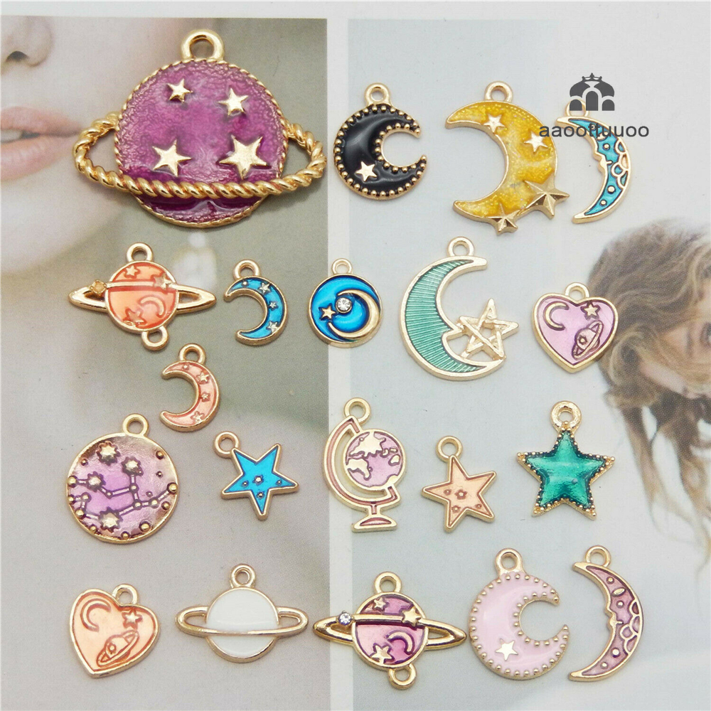 20PCS Enamel Charms Mixed Planet Star Crescent Moon Zinc Alloy Gold Tone Pendant Bracelet Jewelry Making