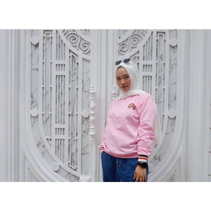READY SWEATER CREWNECK DISTRO WANITA PELANGI PINK MURAH LUCU