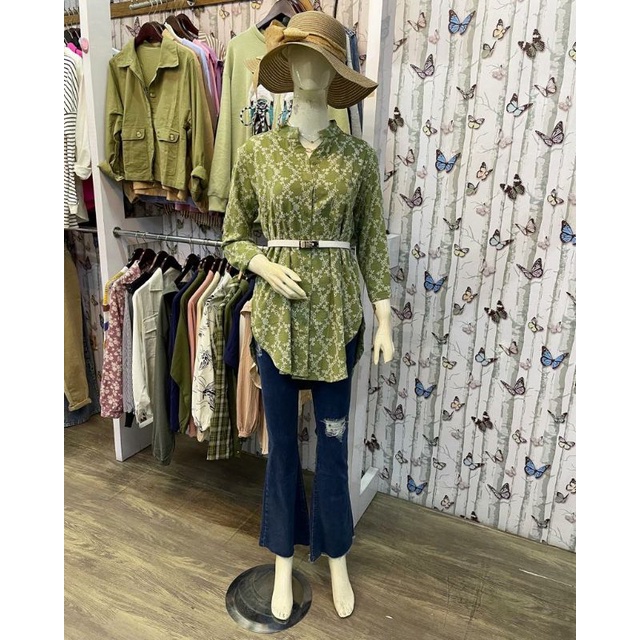 KEMEJA TUNIK BUNGA CEY AIR FLOW IMPORT / KEMEJA BUNGA SAGE GREEN EMBOSS AIR FLOW