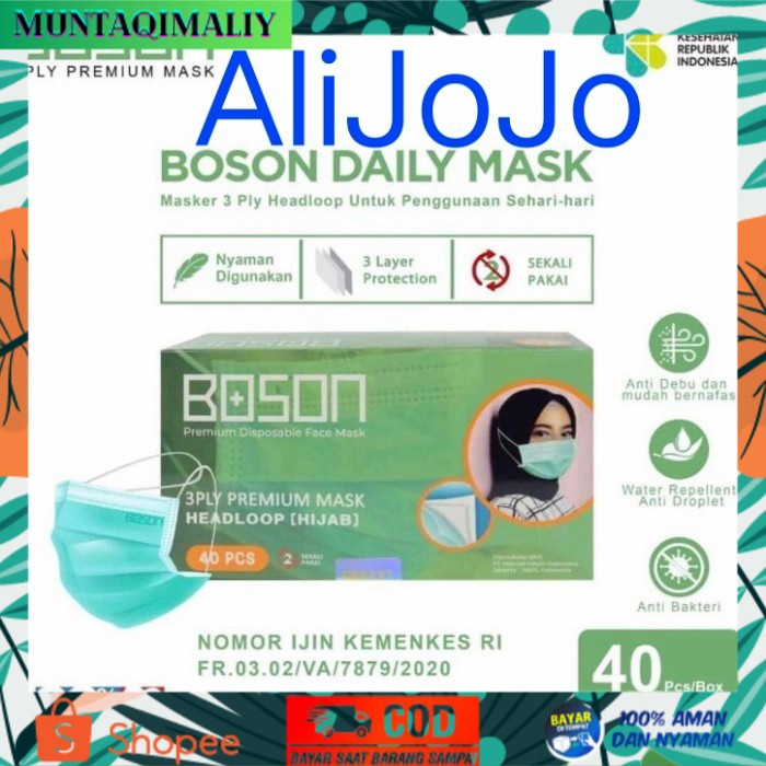 [TERBARU] BOSON Masker Hijab Headloop 3 Ply Isi 40 Pcs - Disposable Daily Mask - Boson Hijab