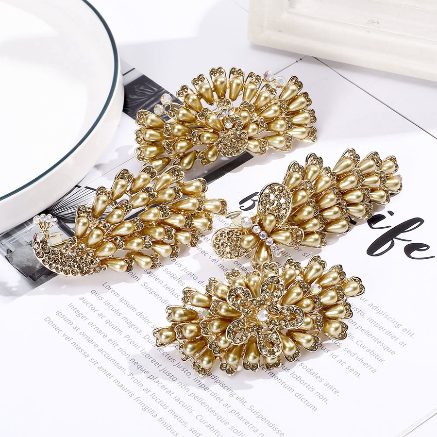 Korean Vintage Gold Pearl Hair Clip Rhinestone Barrette Large Hairpin Ponytail Holder Accessories