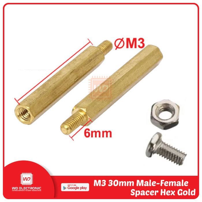 Spacer M3 30mm Spacer Gold Hex 3cm Male to Female with Screw and Nut