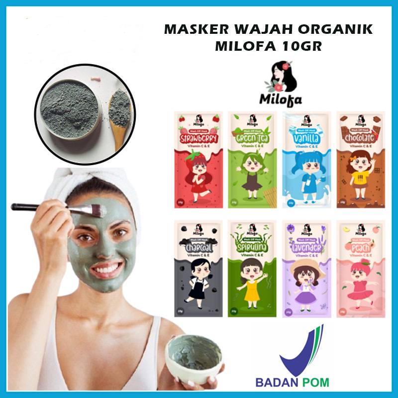 Masker Bubuk Wajah Organik MILOFA 10Gr Original BPOM Face Mask Powder + KUAS WAJAH Vitamin C &amp; E Mencerahkan dan Melembabkan Kulit Wajah