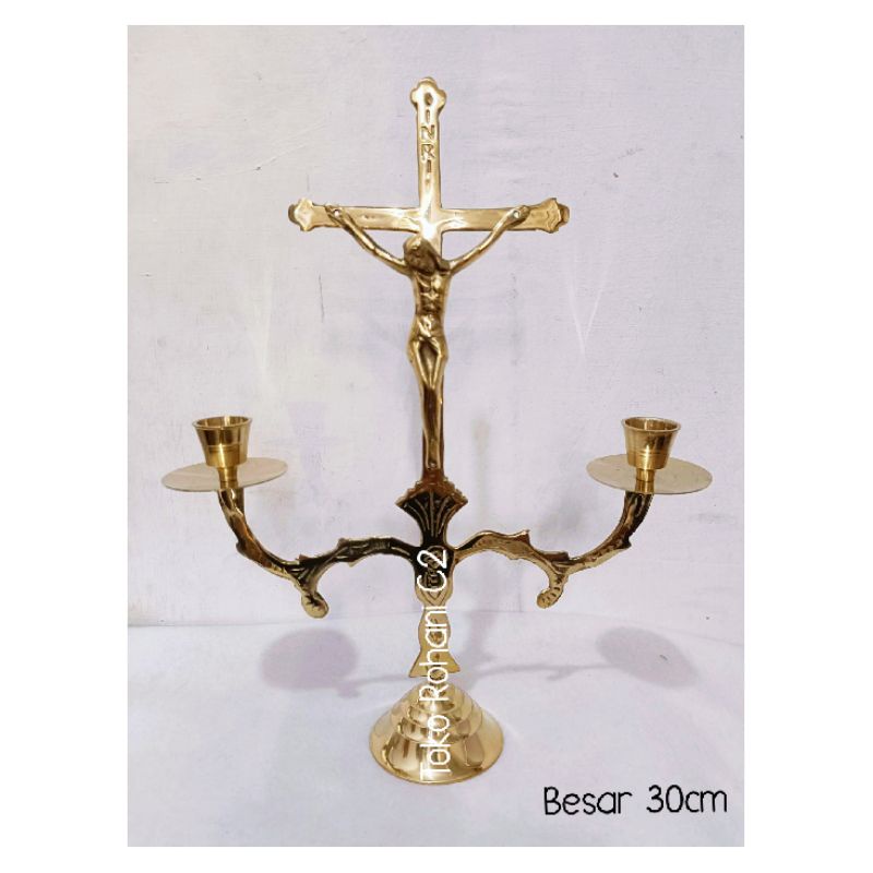 Salib Kandelar Kuningan Bulat 30cm & 25cm - Salib Kandelar - Salib Kuningan - Tempat Lilin Salib