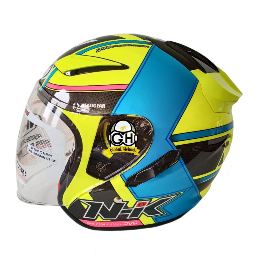 HELM NHK R1 NAPOLEON YELLOW FLO LIGHT BLUE DOUBLE VISOR HALF FACE