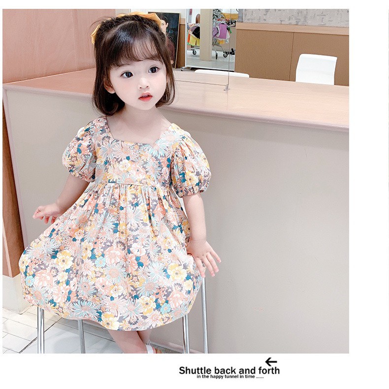 Dress Anak Perempuan Korean Fashion Floral Printed Short Sleeve Gaun