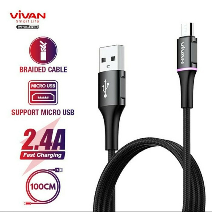 KABEL DATA MICRO USB VIVAN VDM100 LED LIGHT 100CM 2.4A QUICK CHARGE - BC