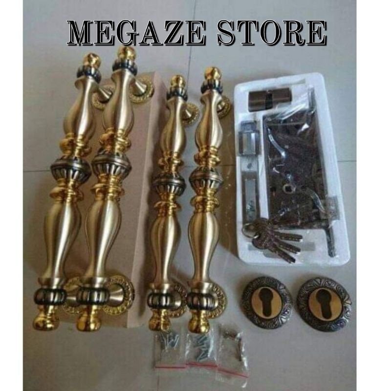 Paket Lengkap Handle Pintu Rumah Kuningan 4 Pcs+Body Kunci Pelor+Lubang Kunci Ukiran