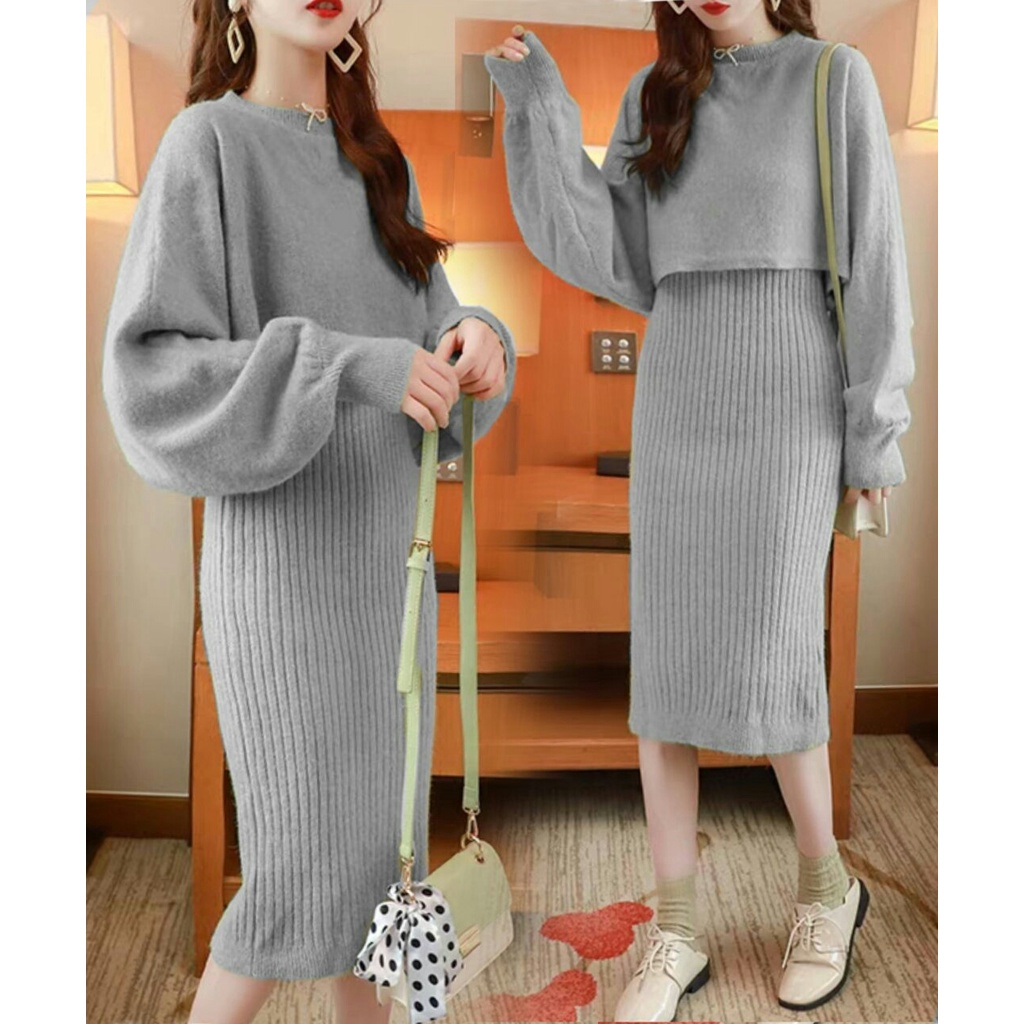 Dress Kkayanii + Outer - Long Dress Wanita Terbaru - Dress Casual Perempuan - Dress Rajut Wanita - Pakaian Wanita