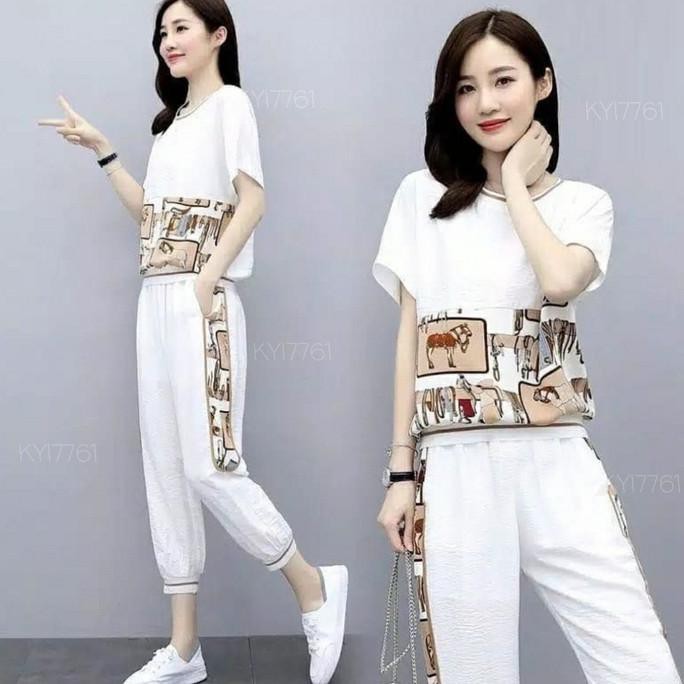 E6 - ST SETELAN BAJU WANITA STELAN CASUAL TRAINING OLAHRAGA CEWEK - PUTIH
