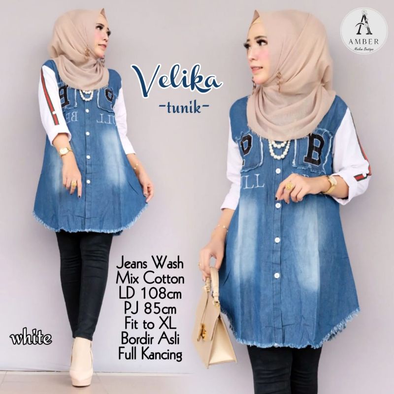 Tunik denim tebal lengan putih elegan. Long tunik jeans busui original amber