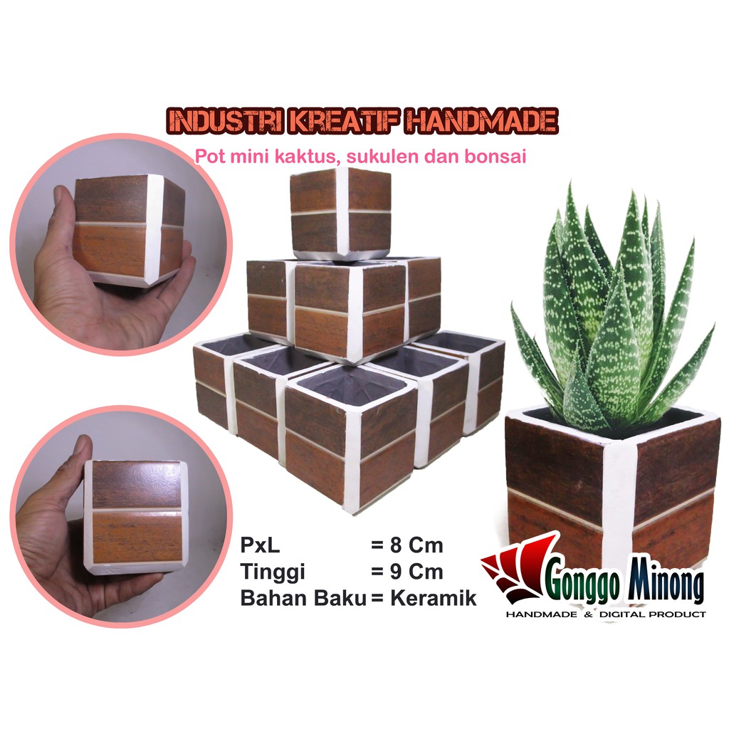 Pot sukulen motif keramik kayu papan coklat HANDMADE