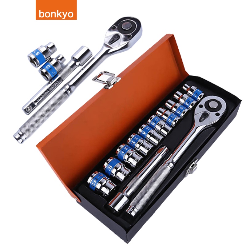 bonkyo Obeng Kunci Socket Set 12 Pcs Socket 8 - 24mm Ratchet Spanner Obeng set Box Besi